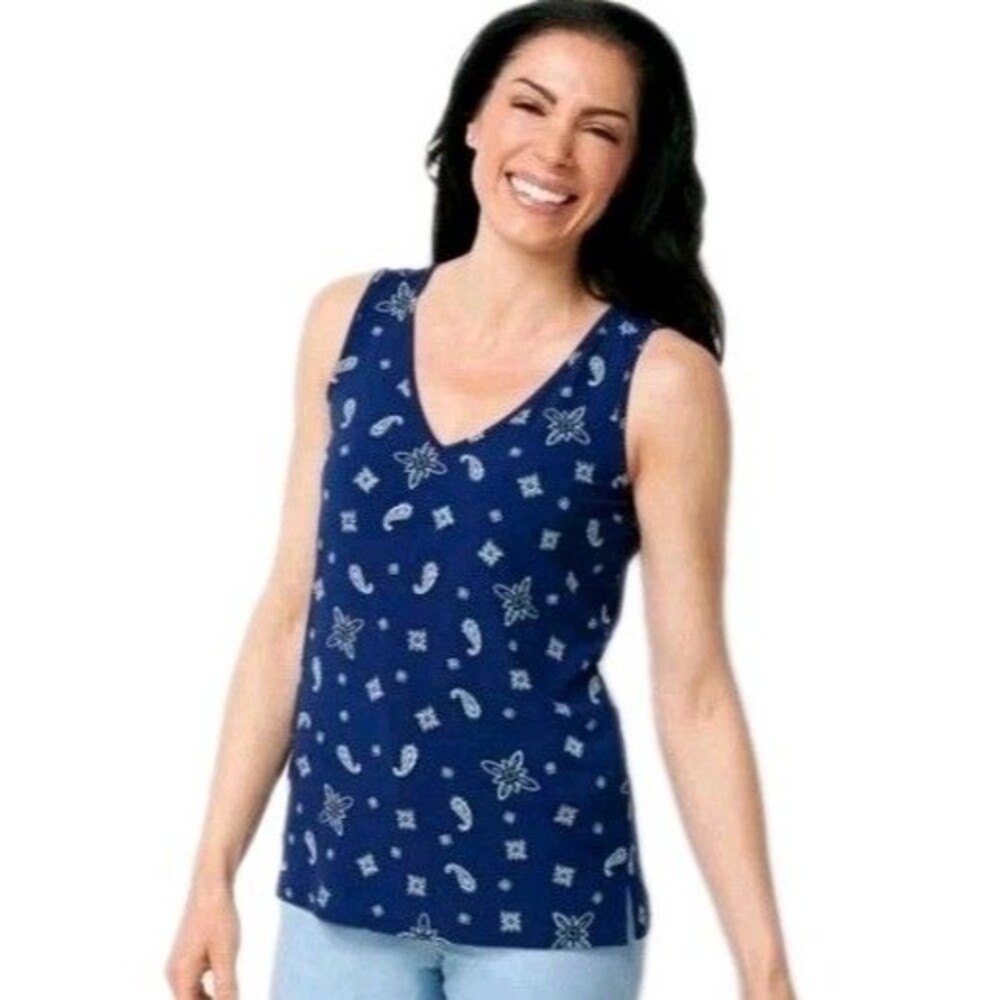 BELLE BY KIM GRAVEL Womens 2X Paisley Slinky Sleeveless Tank Top Navy A373653